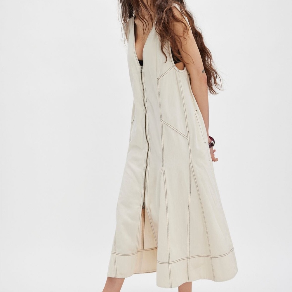 Free People Santino front zip oversized Midi White Denim Maxi Dress size S